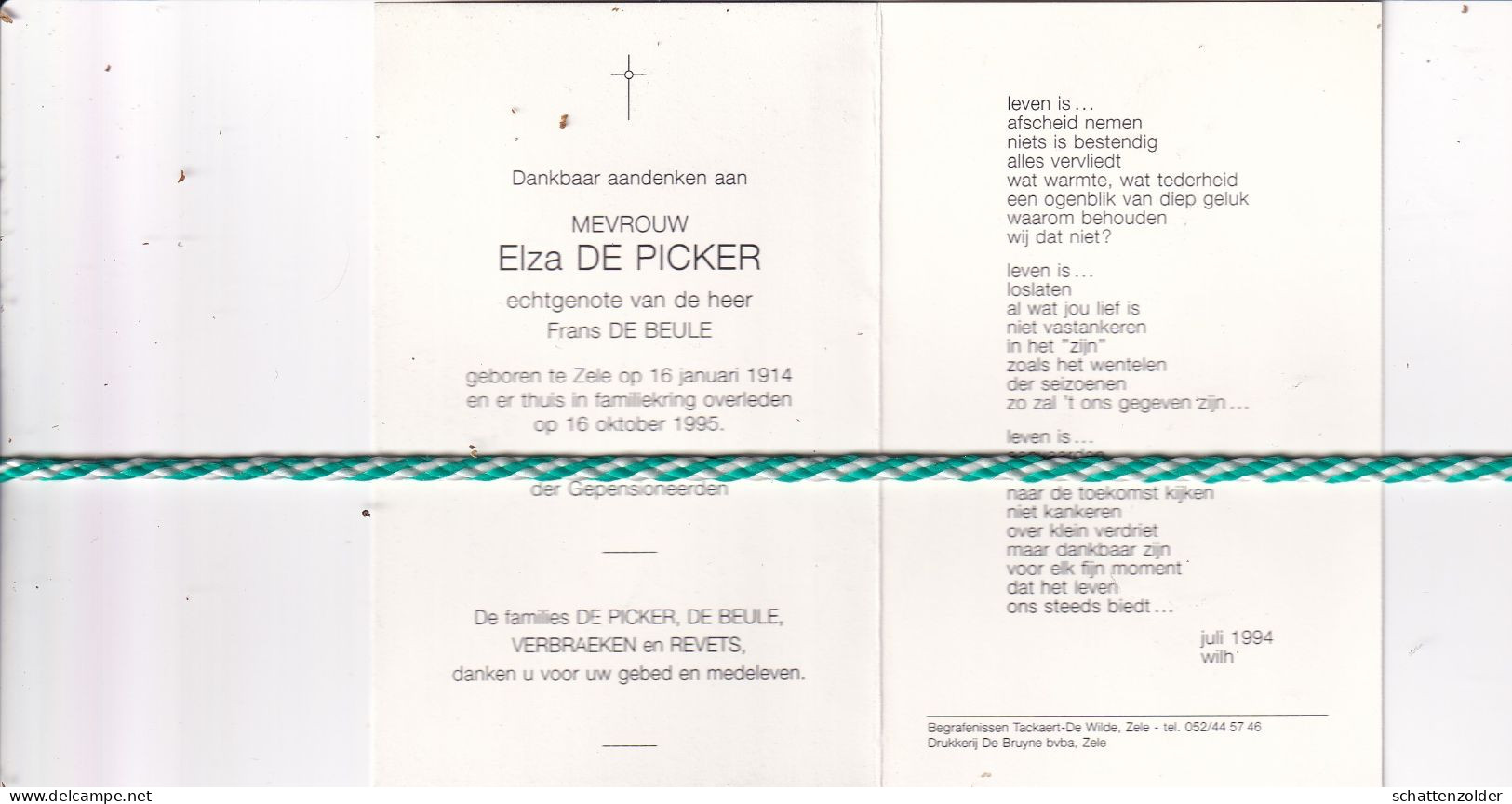 Elza De Picker-De Beule, Zele 1914, 1995. Foto - Todesanzeige