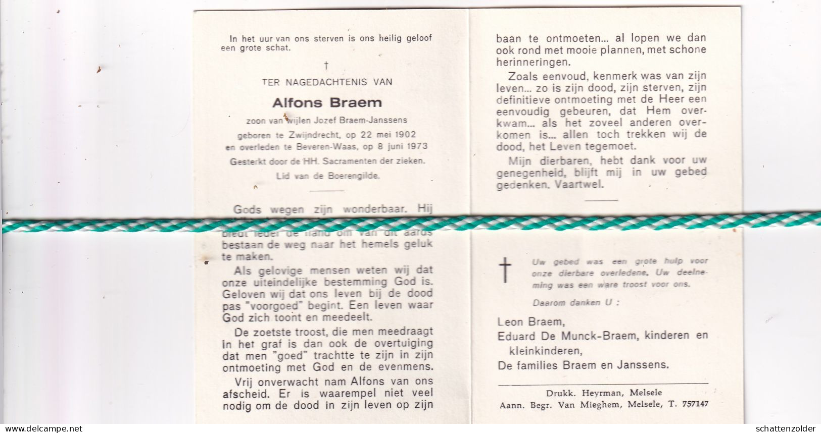 Alfons Braem-Janssens, Zwijndrecht 1902, Beveren-Waas 1973 - Todesanzeige