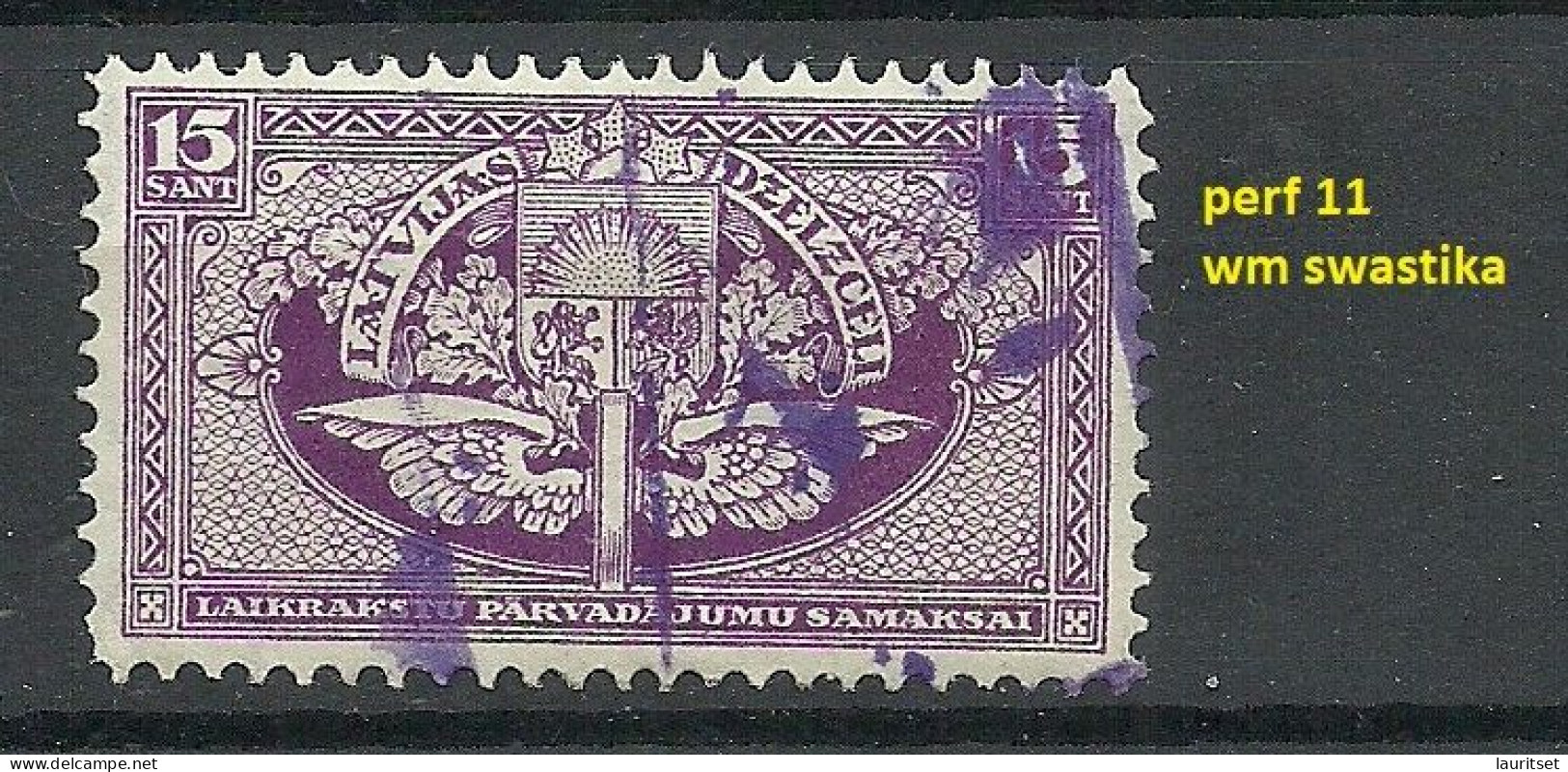 Lettland Latvia 1928 Eisenbahn-Zeitungsmarke Railway 15 S. Railway Newspaper Stamp WM Swastika, Perf 11, O - Latvia