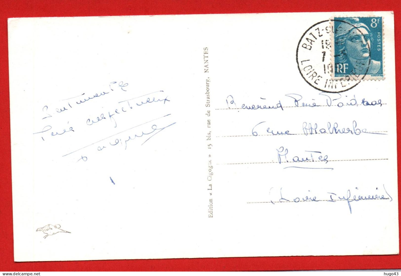(RECTO / VERSO) BATZ SUR MER EN 1951 - N° 882 - EGLISE ST GUENOLE - RUINES DE NOTRE DAME DU MURIER - BEAU CACHET FMT CPA - Batz-sur-Mer (Bourg De B.)