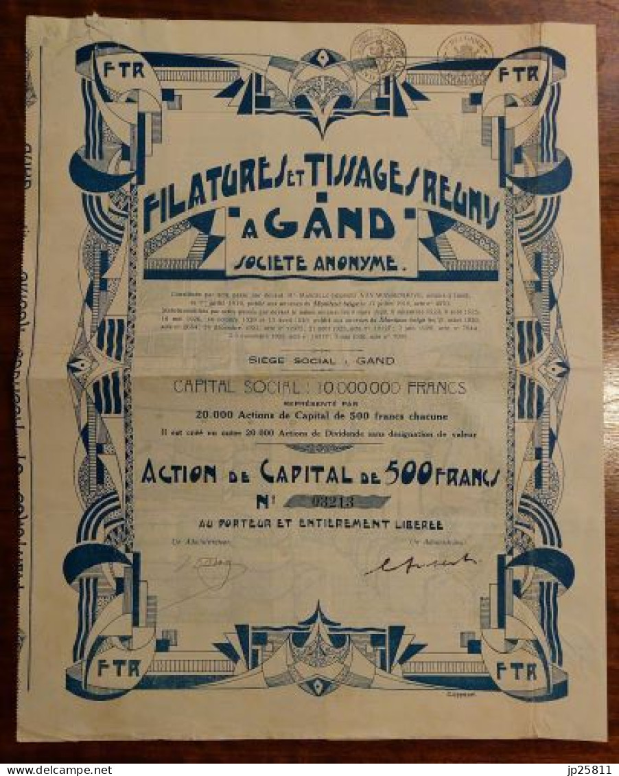 Belgium - Filatures Et Tissages Regnis A Gand Action 500 Francs 1930 Gand  Decoratif - Autres & Non Classés