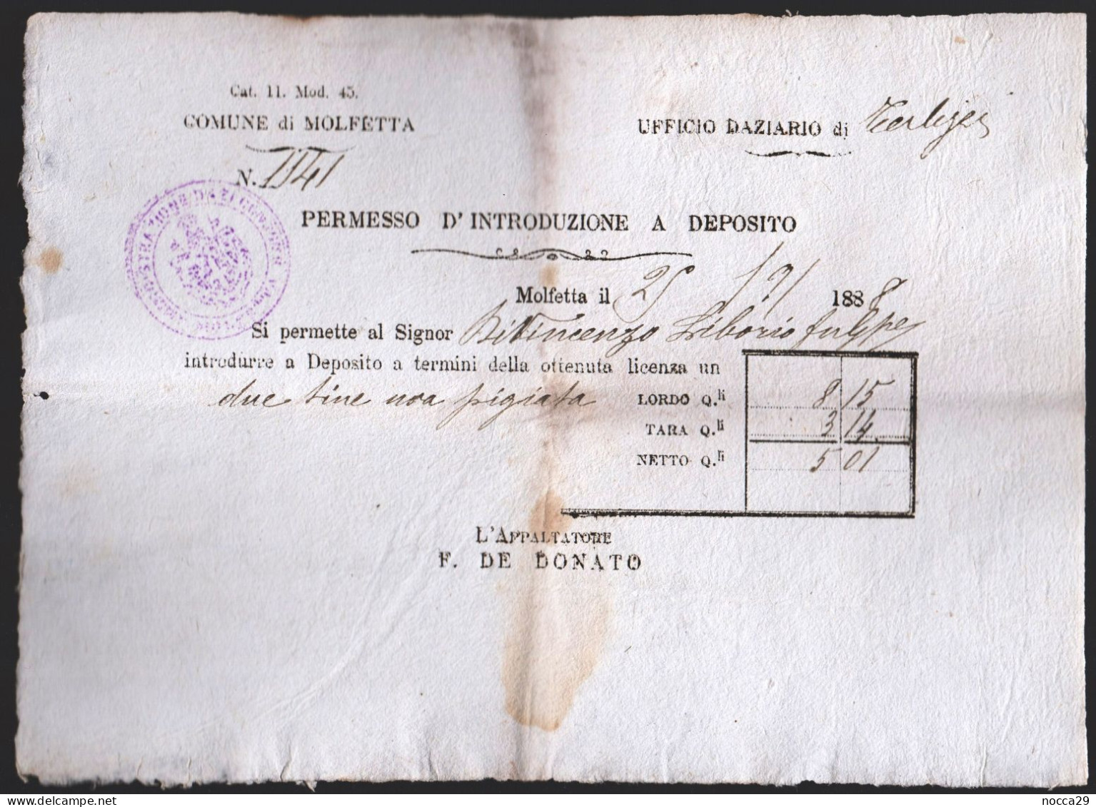 MOLFETTA 1888 - UFFICIO DAZIARIO DI TERLIZZI - PERMESSO D'INTRODUZIONE A DEPOSITO DI 2 TINI DI UVA PREGIATA (STAMP396) - Italien