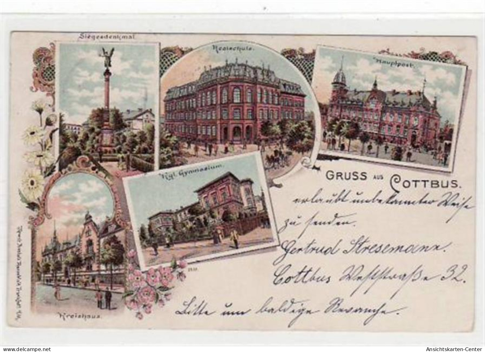 39021306 - Cottbus, Lithographie Mit Realschule, Gymnasium, Siegesdenkmal, Kreishaus Und Hauptpost Gelaufen Von 1899. G - Cottbus