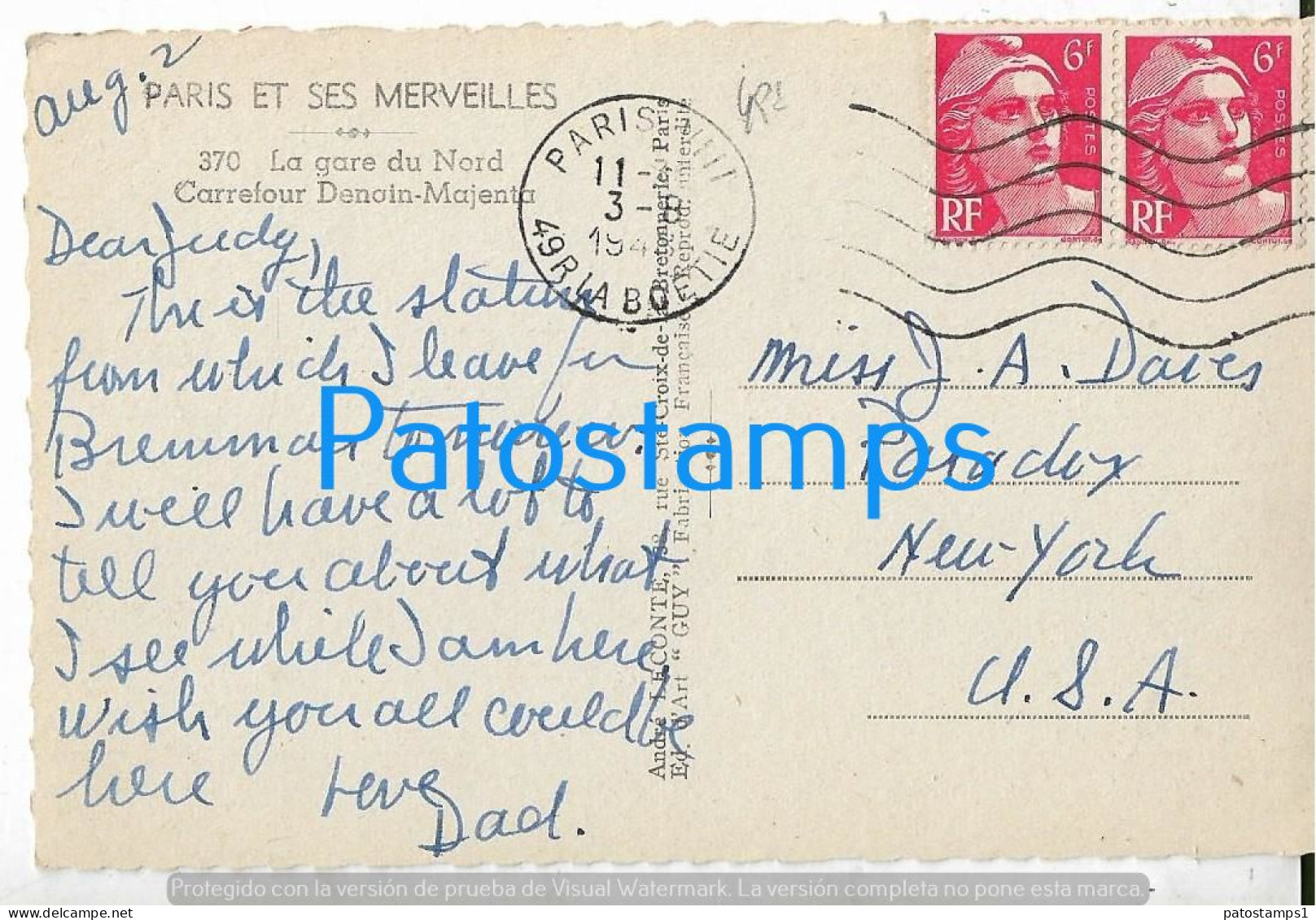 227989 FRANCE PARIS STATION TRAIN CARREFOUR DENOIN MAJENTA CIRCULATED TO US  POSTAL POSTCARD - Otros & Sin Clasificación