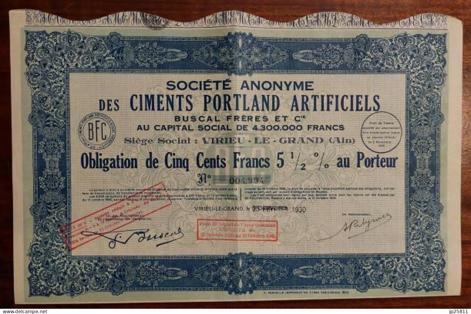 France - S.A. Des Ciments Portland Artificiels Buscal Freres Et Cie. Obligation 500 Francs 1930 Virieu-le-Grand (Ain) - Andere & Zonder Classificatie