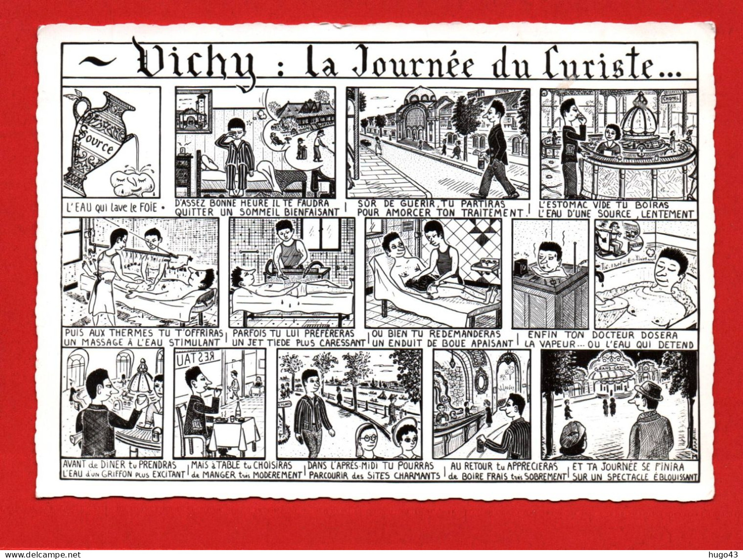 (RECTO / VERSO) VICHY EN 1960 - LA JOURNEE DU CURISTE - BANDE DESSINEE - BELLE FLAMME - CPSM GF - Vichy