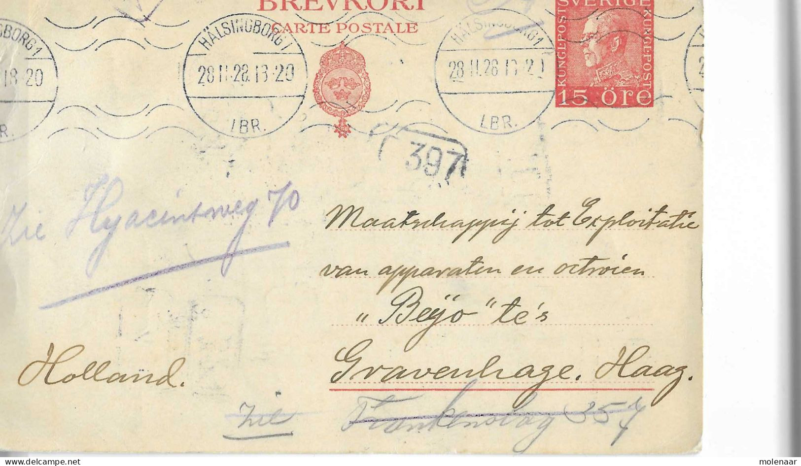 Postzegels > Europa > Zweden > Postwaardestukken Briefkaart 15 Ore Rood  28-11-1928 (17092) - Ganzsachen