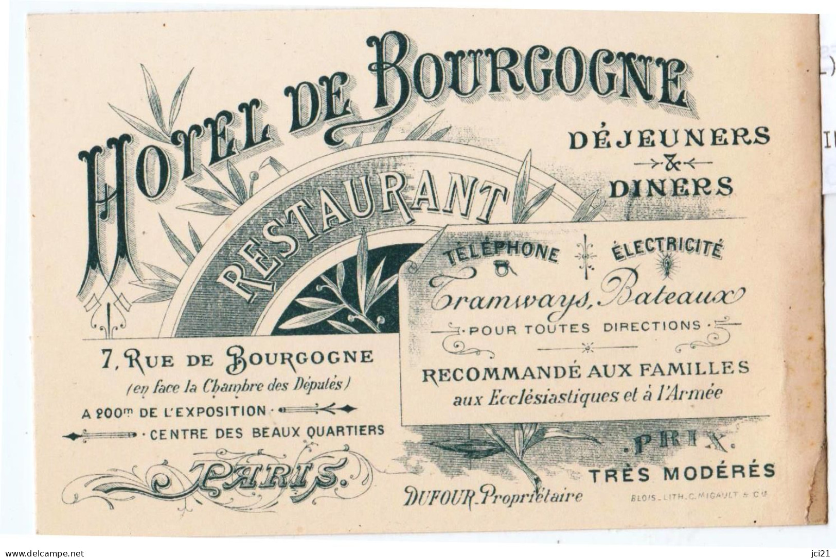 HOTEL DE BOURGOGNE Restaurant  Propriétaire Dufour Paris _CV115 - Cartes De Visite