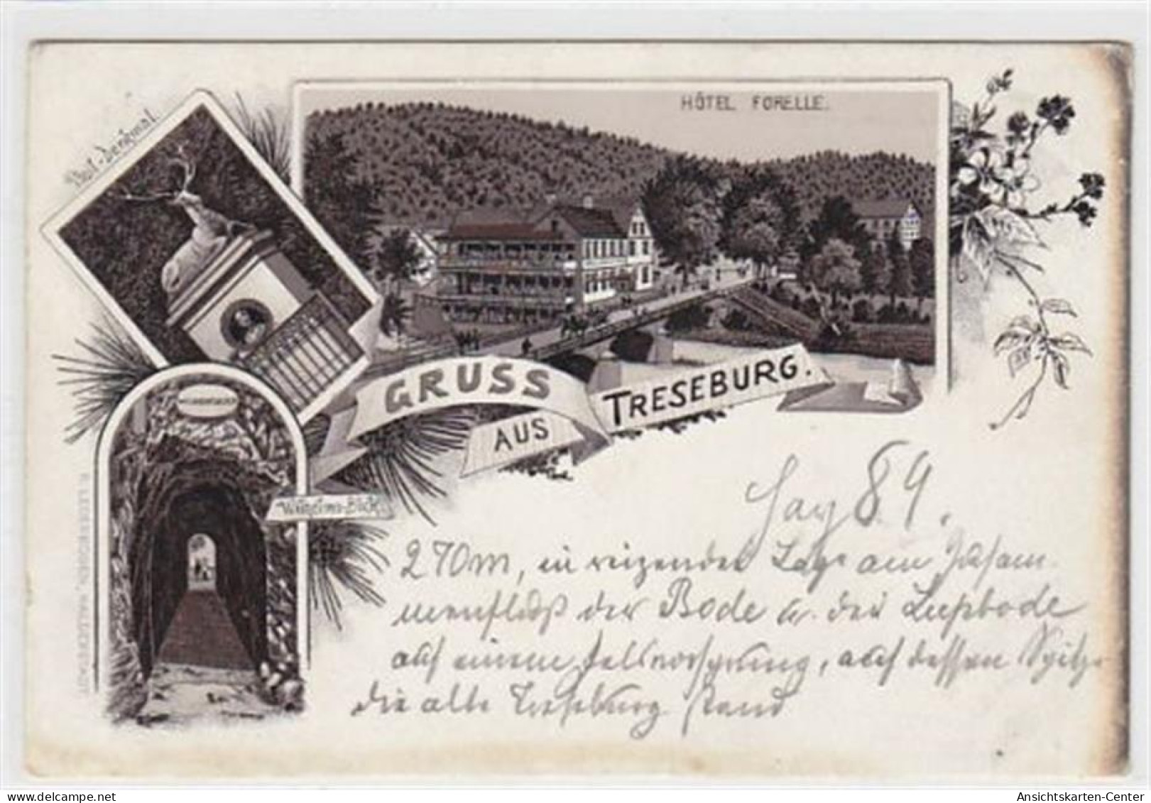 39008906 - Lithographie Gruss Aus Treseburg Mit Hotel Forelle, Pfeil-Denkmal Und Wilhelms-Blick. Karte Beschrieben Oxyd - Otros & Sin Clasificación