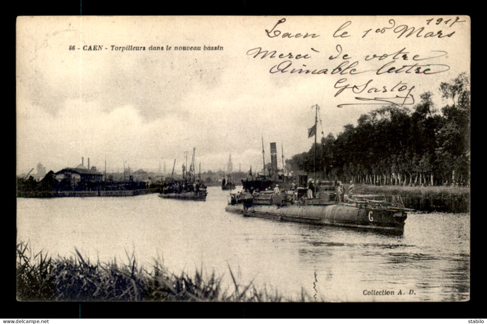 14 - CAEN - TORPILLEURS DANS LE NOUVEAU BASSIN - CACHET H.T. DE CAEN - BATEAU DE GUERRE - Caen