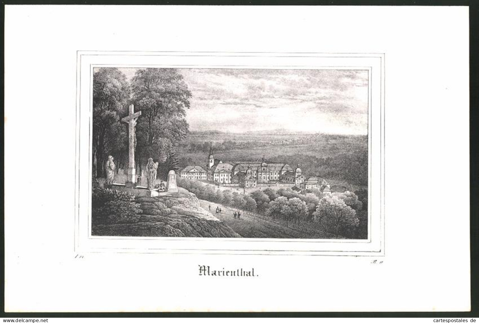 Lithographie Mariental, Kreuzigungsgruppe über Dem Ort, Lithographie Um 1835 Aus Saxonia, 28 X 19cm  - Litografia