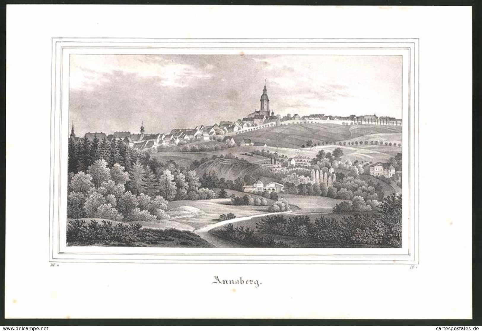 Lithographie Annaberg, Panorama Mit Kirchen, Lithographie Um 1835 Aus Saxonia, 28 X 19cm  - Lithographien