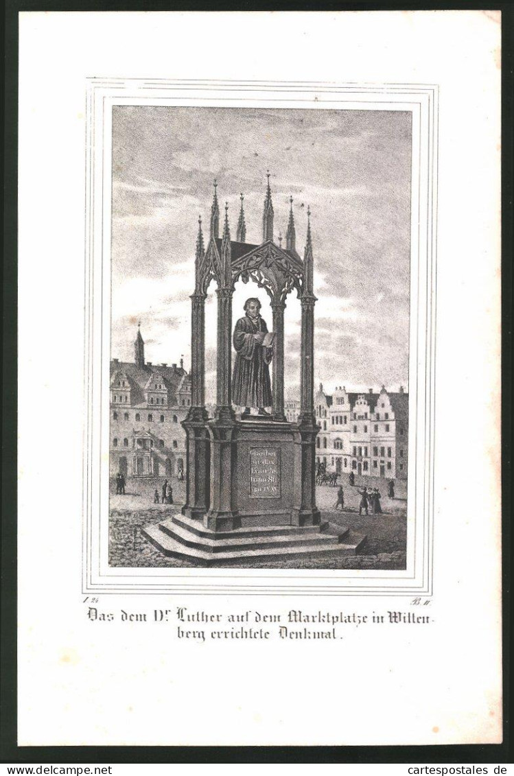Lithographie Wittenberg, Luther-Denkmal, Lithographie Um 1835 Aus Saxonia, 28 X 19cm  - Lithographies