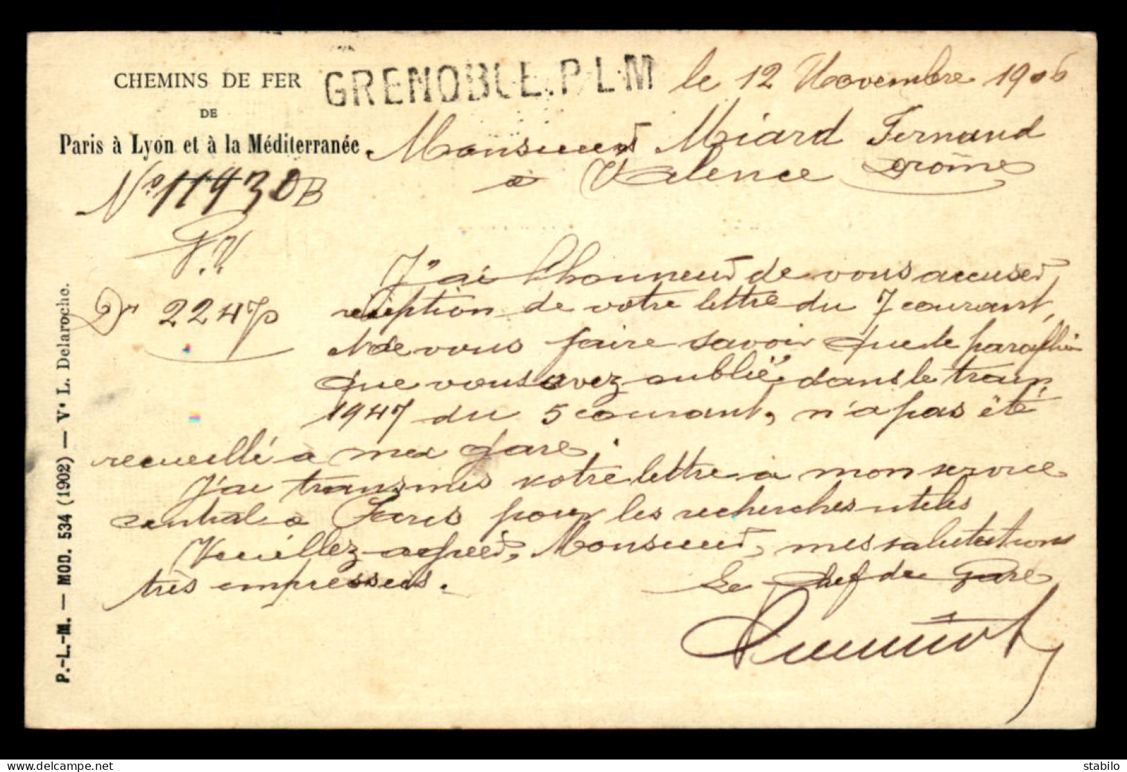 38 - GRENOBLE - CARTE DE SERVICE - CHEMIN DEFER P.L.M. - LIRE LE TEXTE - Grenoble