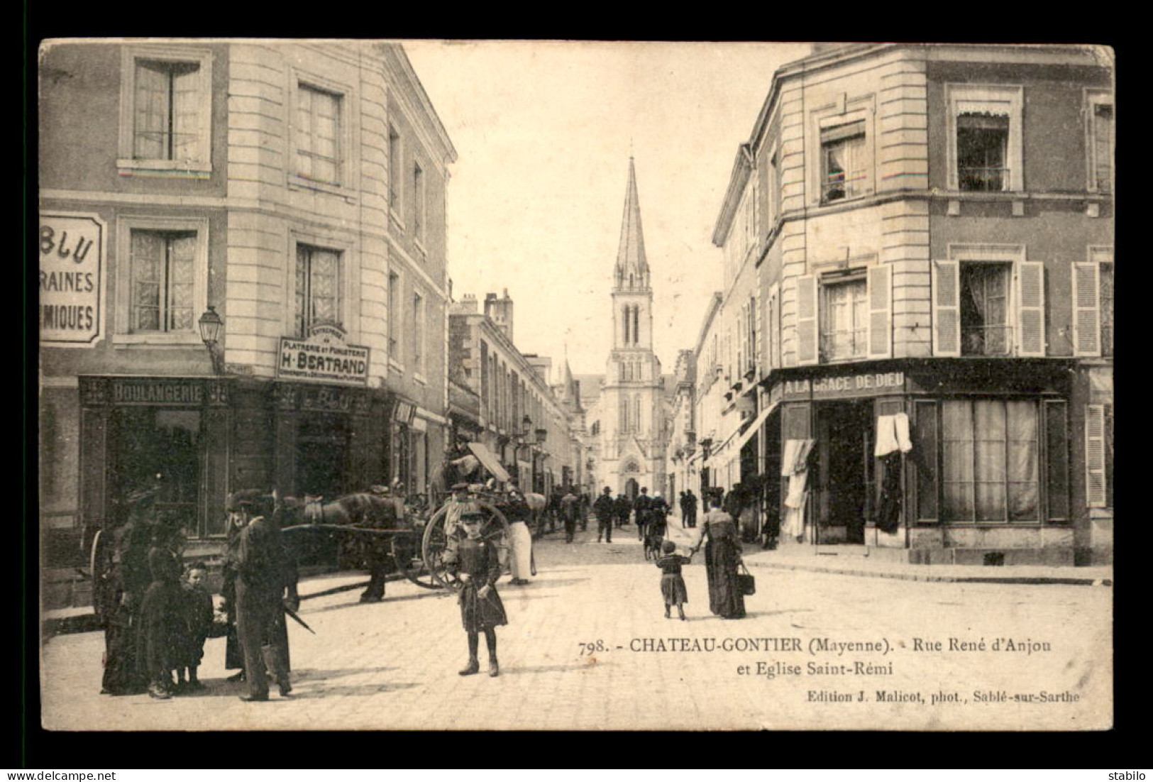 53 - CHATEAU-GONTIER - RUE RENE D'ANJOU ET EGLISE ST-REMI - BOULANGERIE L. BLU - MAGASIN A LA GRACE DE DIEU  - Chateau Gontier