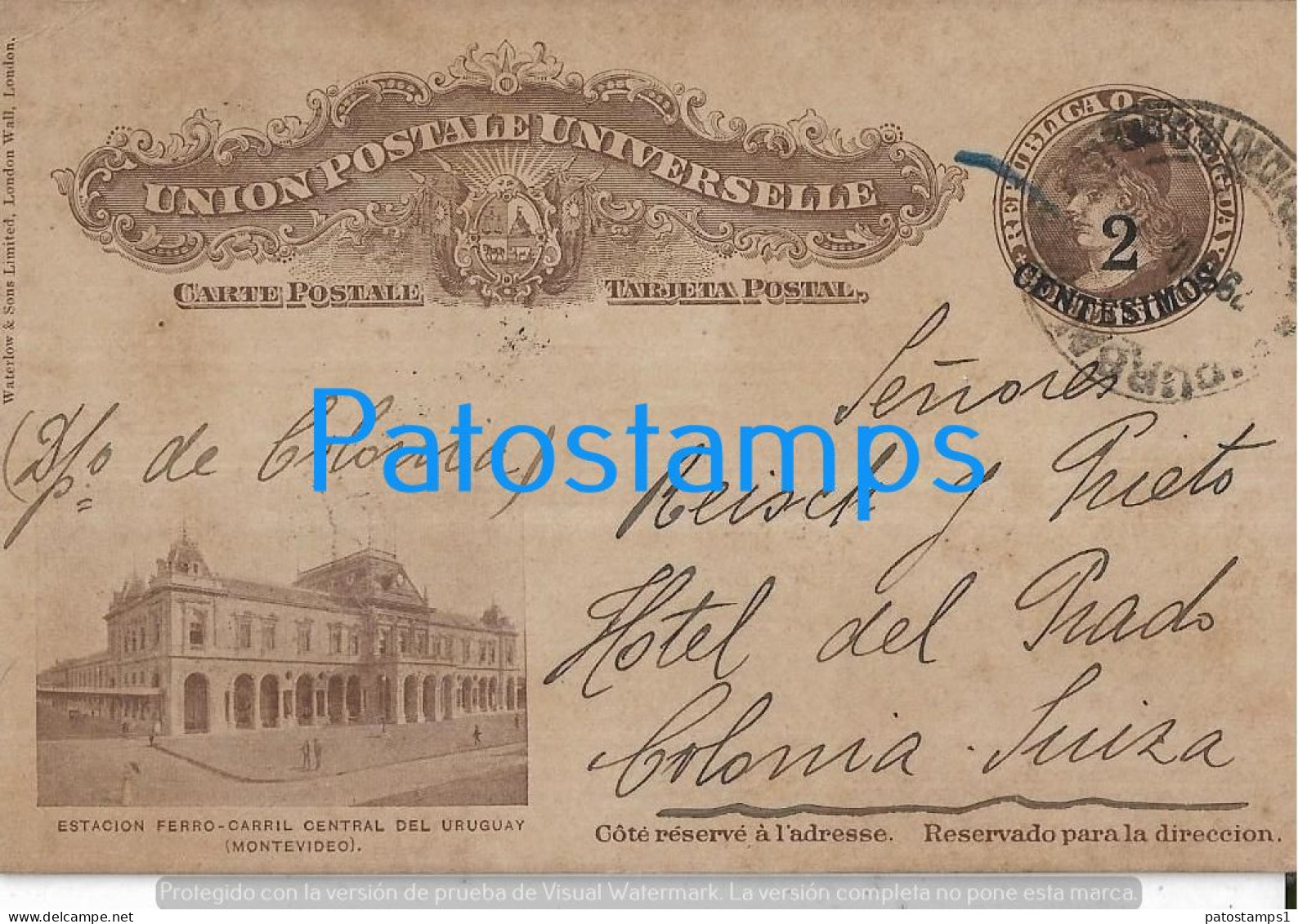 228010 URUGUAY MONTEVIDEO STATION TRAIN TREN WATERLOW CIRCULATED TO COLONIA SUIZA POSTAL STATIONERY POSTCARD - Uruguay
