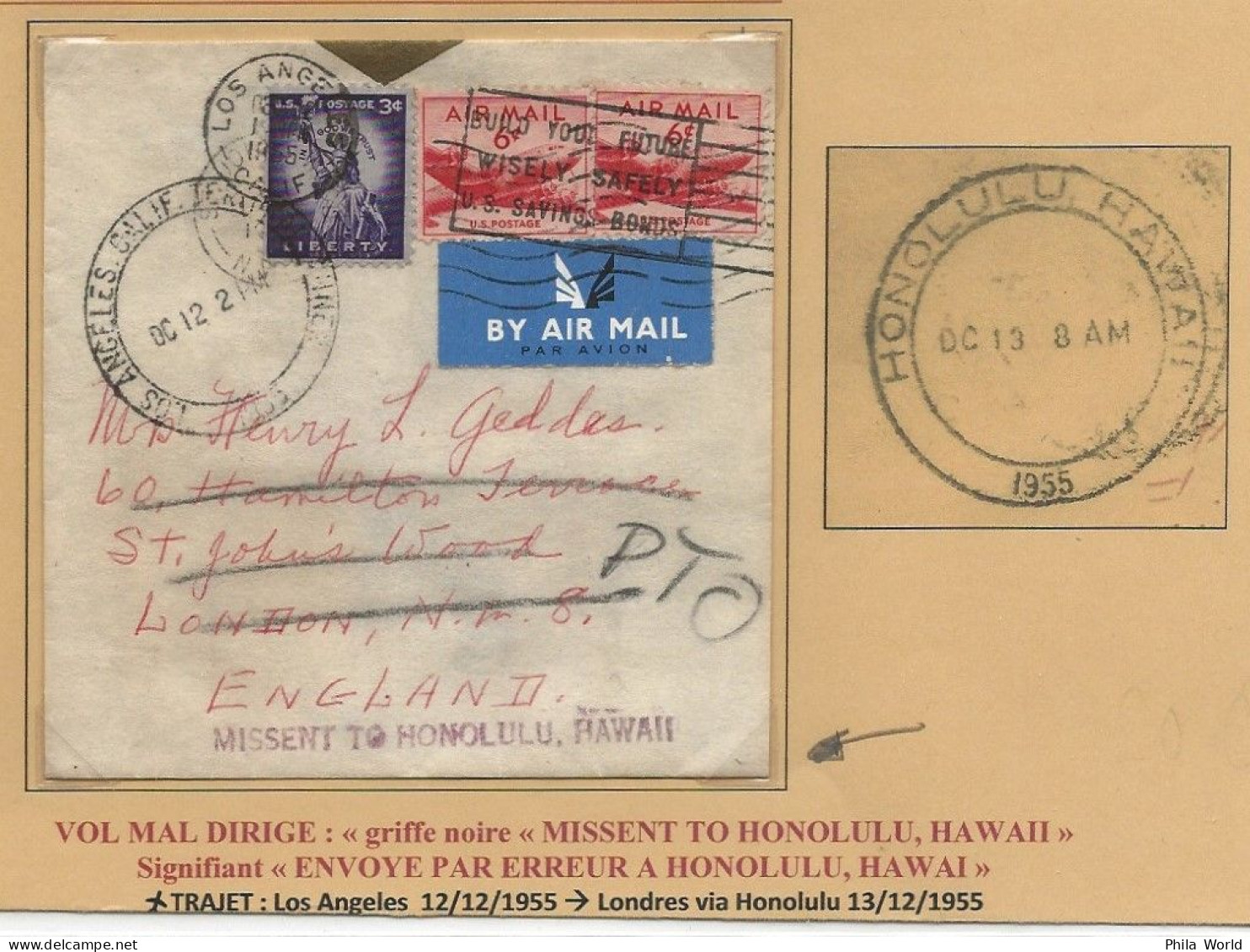 US 1955 Air Mail Cover LOS ANGELES To LONDON England PAR AVION Label PTO MISSENT TO HONOLULU HAWAII HAWAI - Avions