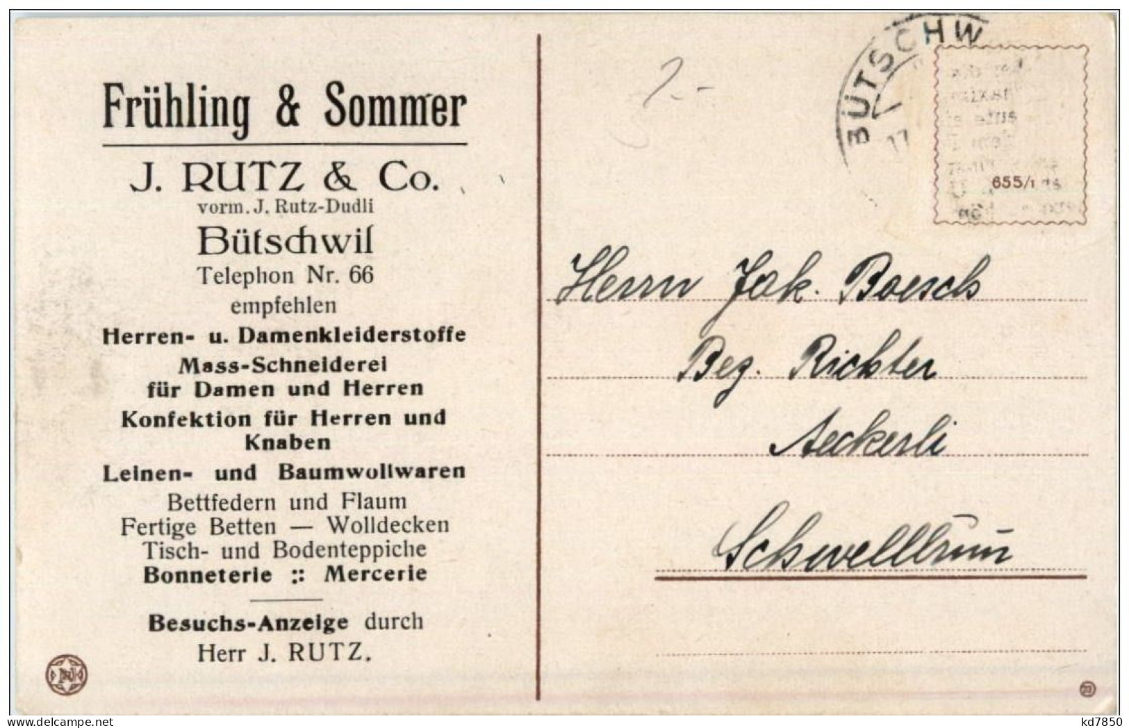 Bütschwil - J. Rutz &amp; Co - Werbekarte - Bütschwil-Ganterschwil