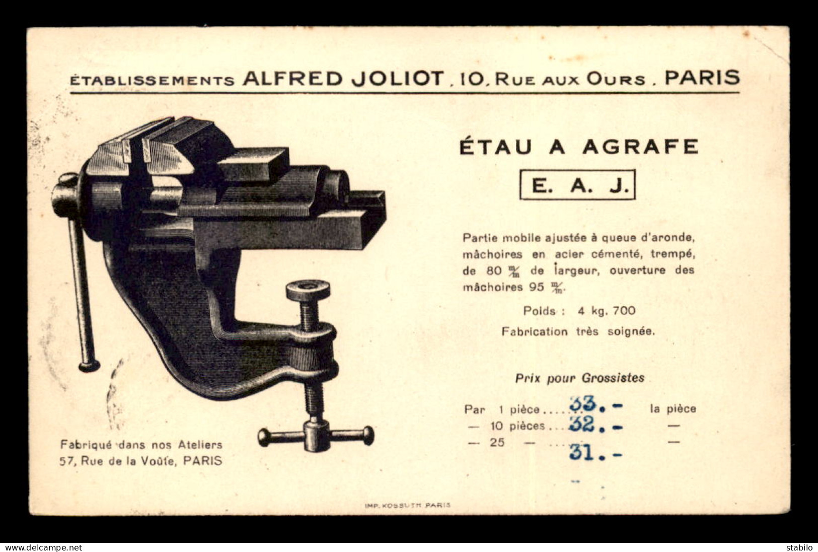 75 - PARIS 3EME - CARTE DE SERVICE - ETS ALFRED JOLIOT, ETAU A AGRAPF E.A.J., 10 RUE AUX OURS - Paris (03)