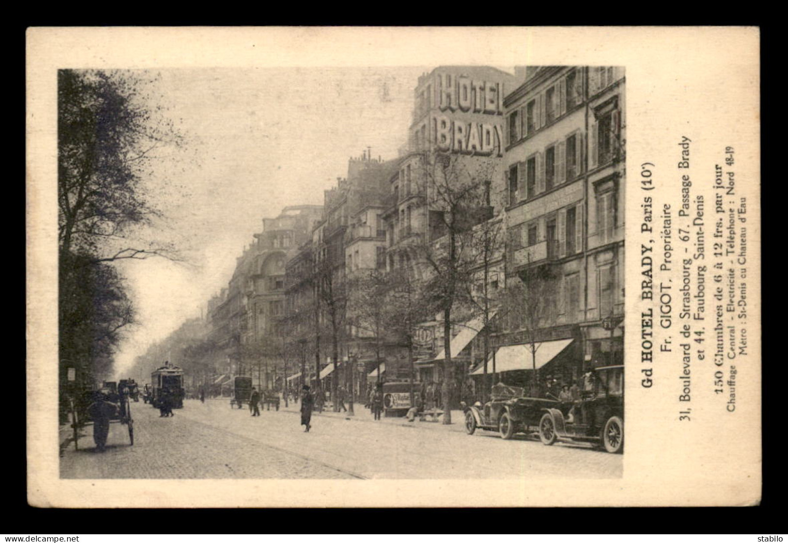 75 - PARIS 10EME - GRAND HOTEL BRADY, PROPRIETAIRE F. GIGOT, 31 BOULEVARD DE STRASBOURG - District 10