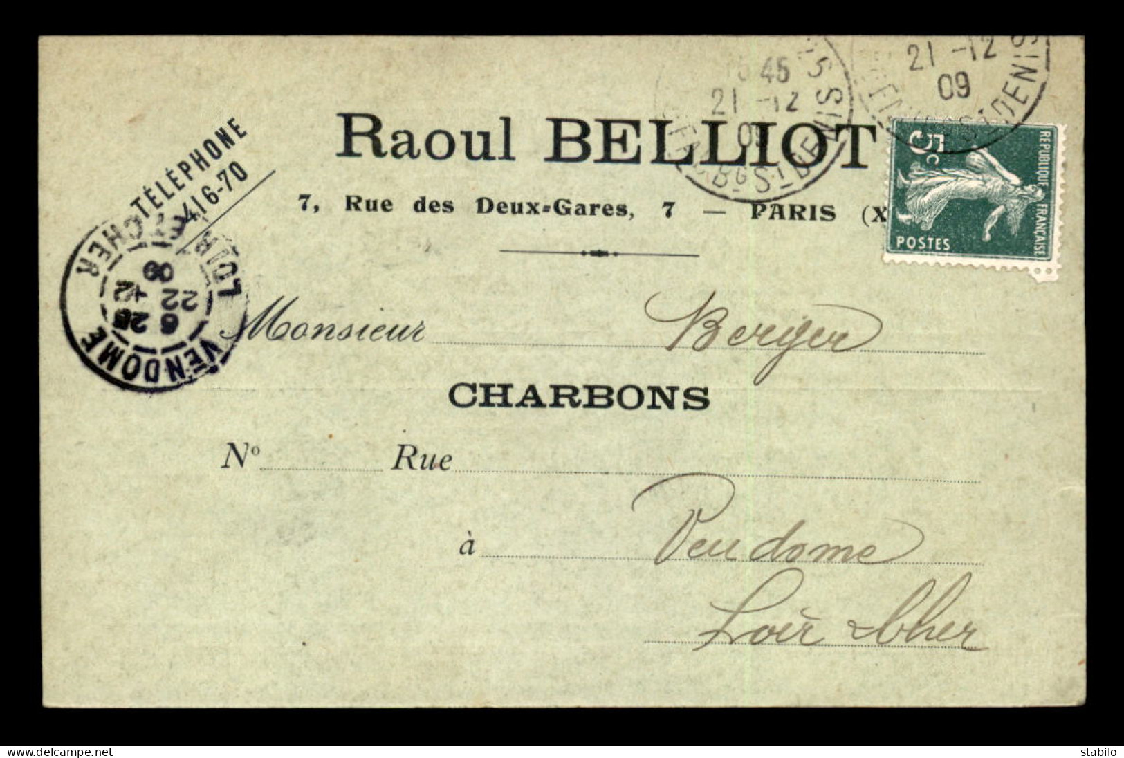 75 - PARIS 10EME - CARTE DE SERVICE - CHARBONS "RAOUL BELLIOT" 7 RUE DES DEUX-GARES - Paris (10)