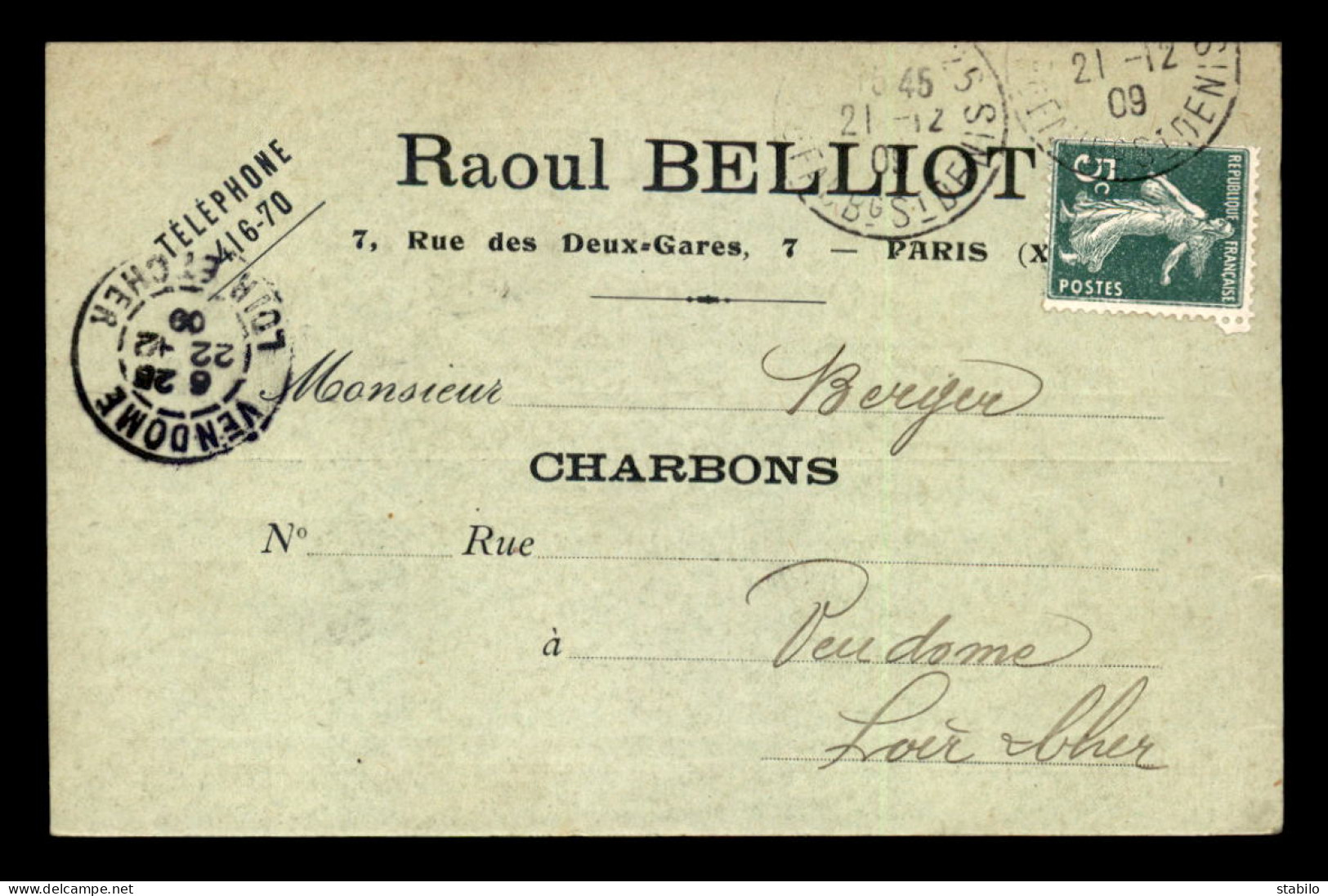 75 - PARIS 10EME - CARTE DE SERVICE - CHARBONS "RAOUL BELLIOT" 7 RUE DES DEUX-GARES - District 10