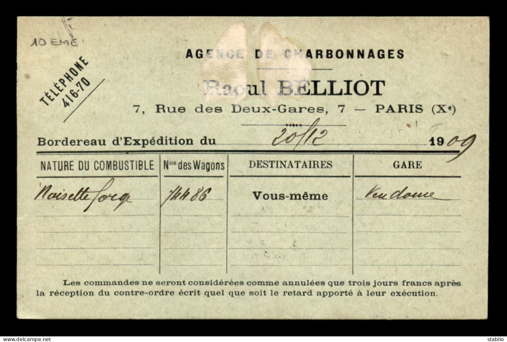 75 - PARIS 10EME - CARTE DE SERVICE - CHARBONS "RAOUL BELLIOT" 7 RUE DES DEUX-GARES - Paris (10)