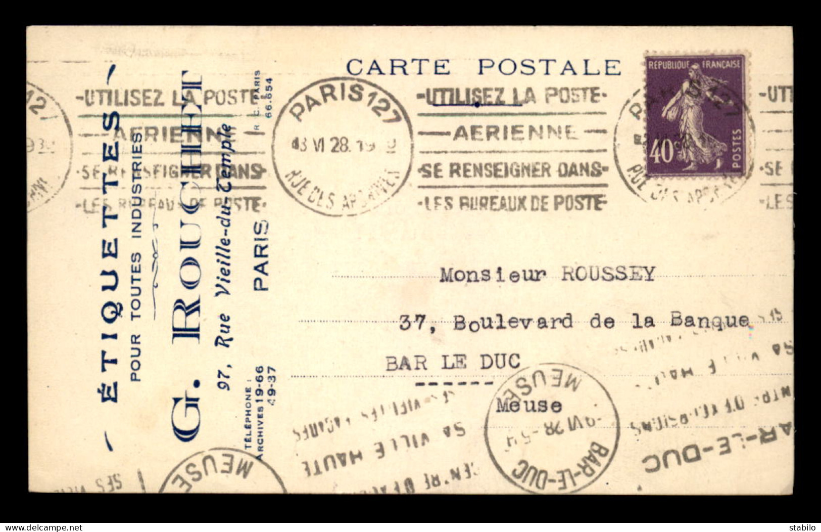 75 - PARIS 3EME - CARTE DE SERVICE - ETIQUETTES G. ROUCHET, 97 RUE VIEILLE DU TEMPLE - Paris (03)