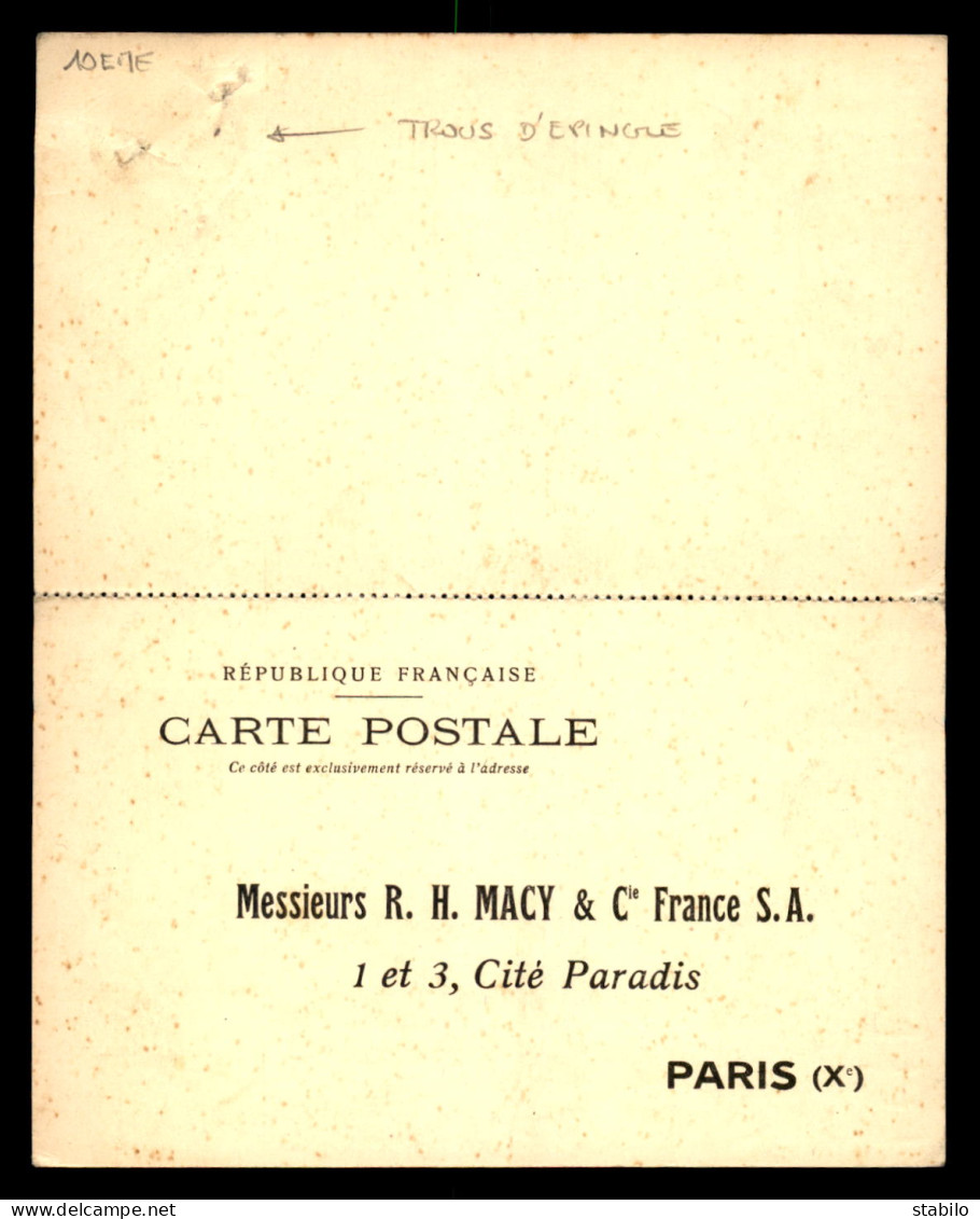 75 - PARIS 10EME - CARTE DE SERVICE DOUBLE - R. H. MACY & CIE FRANCE S.A., 1 ET 3 CITE PARADIS - Distrito: 10