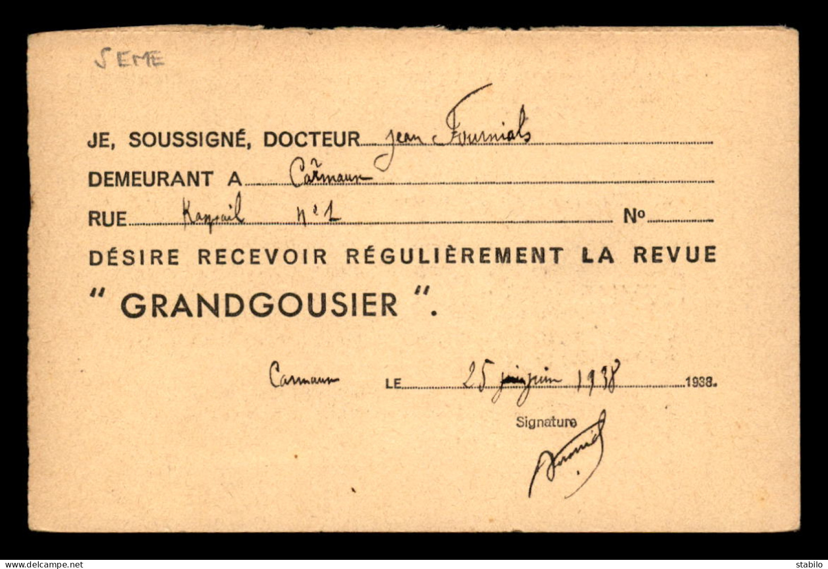 75 - PARIS 5EME - CARTE D'ABONNEMENT - REVUE GRANDGOUSIER, 15 RUE DU SOMMERARD - Paris (05)
