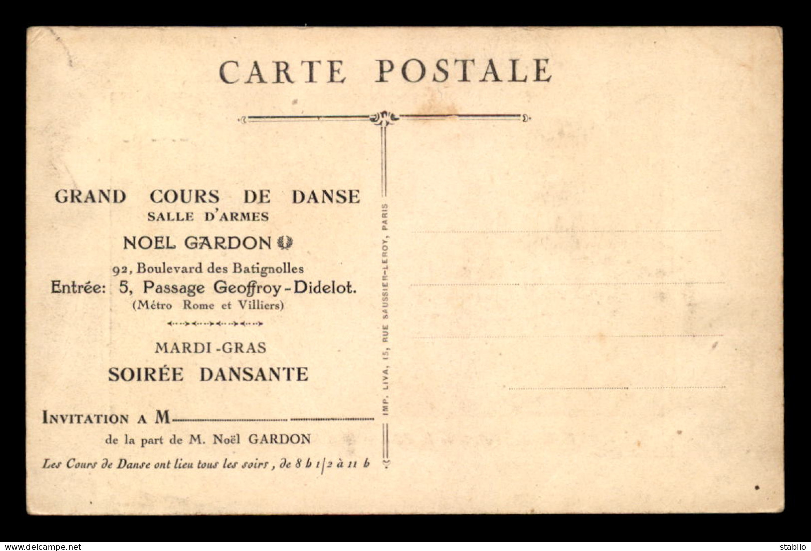 75 - PARIS 17EME - INVITATION AU GRAND CONCOURS DE DANSE SALLE D'ARMES NOEL GARDON, 92 BOULEVARD DES BATIGNOLLES  - Paris (17)