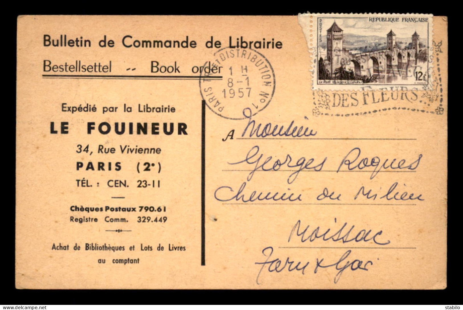 75 - PARIS 2EME - LIBRAIRIE LE FOUINEUR, 34 RUE VIVIENNE - CARTE DE SERVICE - Distrito: 02