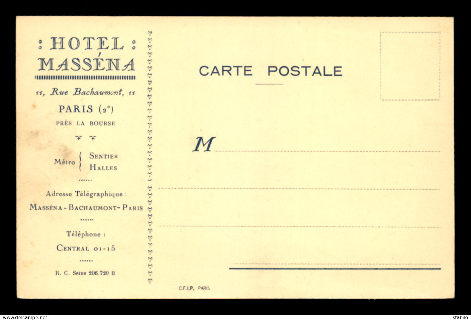 75 - PARIS 2EME - HOTEL MASSENA, 11 RUE BACHAUMONT - CARTE DE SERVICE - District 02