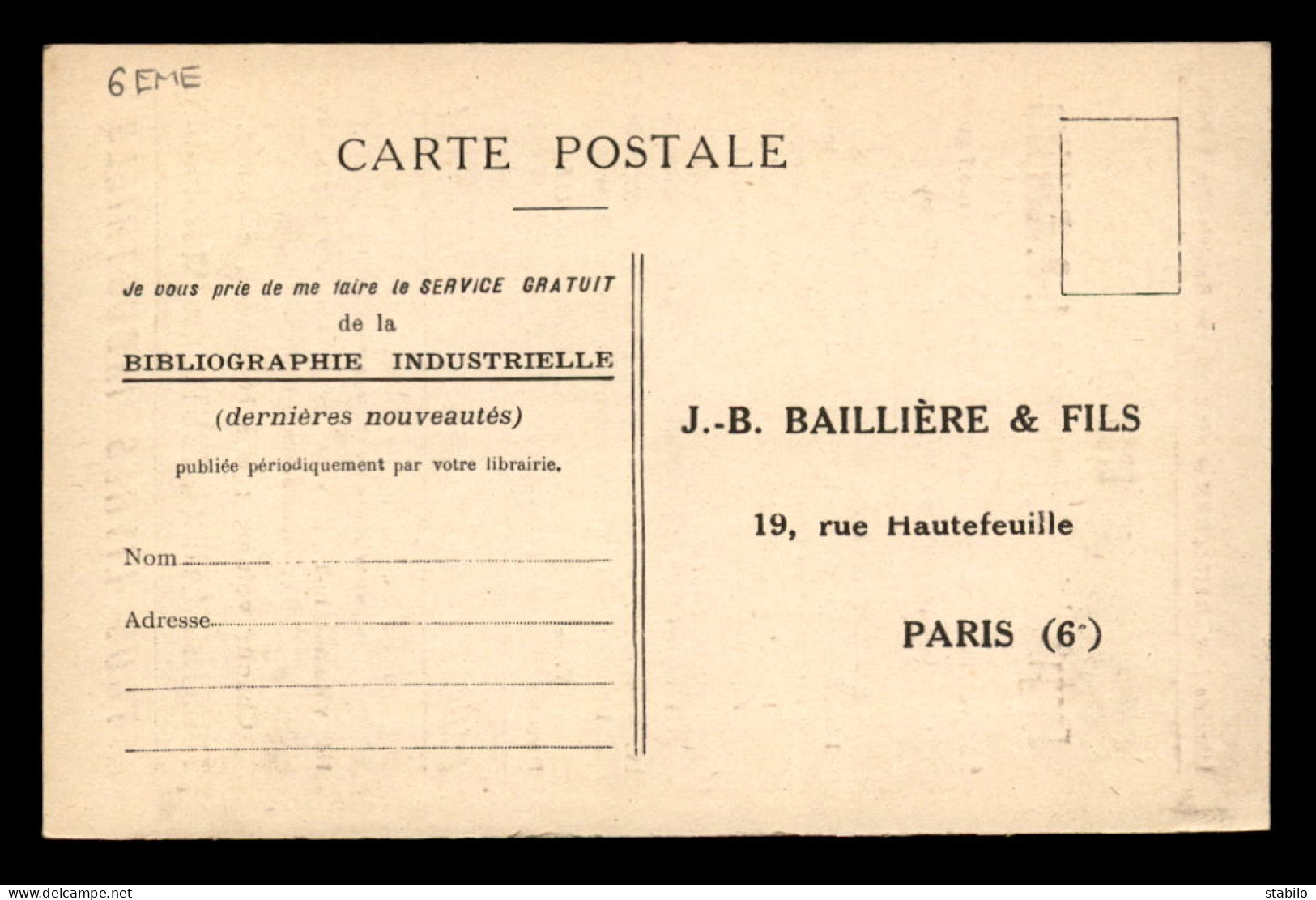 75 - PARIS 6EME - LIBRAIRIE J.B. BAILLIERE ET FILS, 19 RUE HAUTEFEUILLE - CARTE DE SERVICE - Distrito: 06