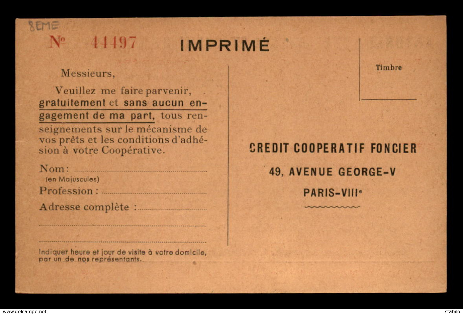 75 - PARIS 8EME - CREDIT COOPERATIF FONCIER, 49 AVENUE GEORGE V - CARTE DE SERVICE - District 08