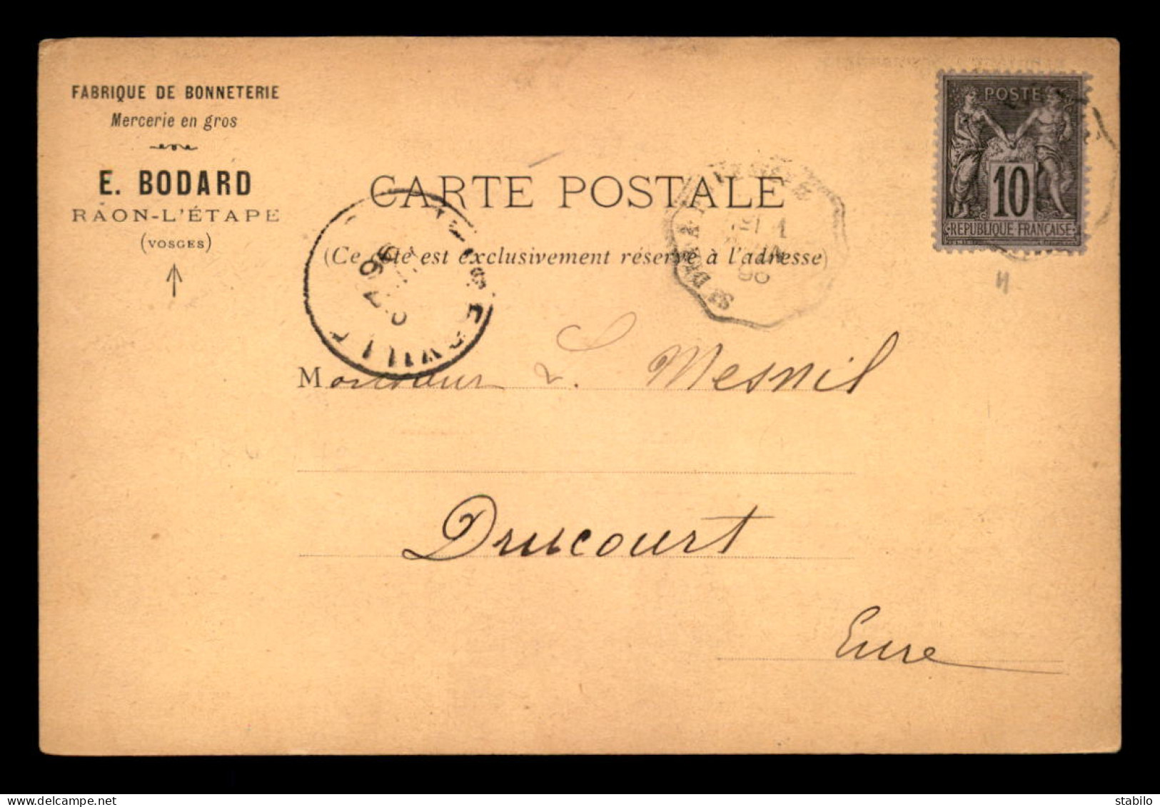 88 - RAON-L'ETAPE - CARTE DE SERVICE - FABRIQUE DE BONNETERIE E. BODARD - DATEE DU 31 MAI 1896 - Raon L'Etape