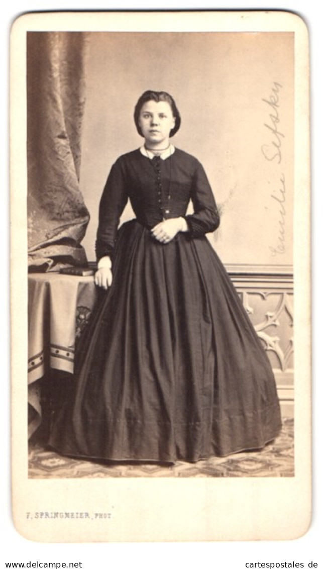 Fotografie F. Springmeier, Elberfeld, Herzogstr. 4, Portrait Junge Frau Emilie Im Dunklen Reifrock Kleid  - Anonieme Personen