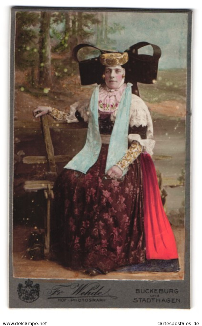 Fotografie Fr. Wehde, Bückeburg, Portrait Dame In Bückeburger Tracht Auf Einer Holzbank, 1904  - Personas Anónimos
