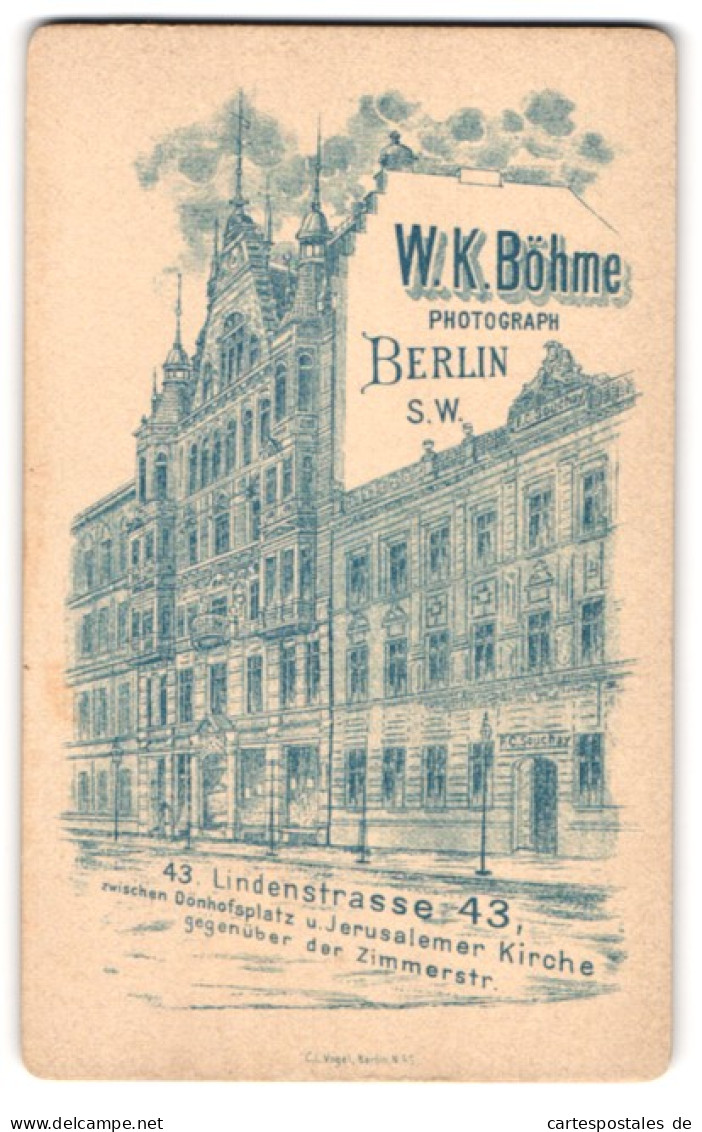 Fotografie W. K. Böhme, Berlin, Lindenstr. 43, Ansicht Berlin, Fasade Des Ateliers Mit Strassenpartie  - Places