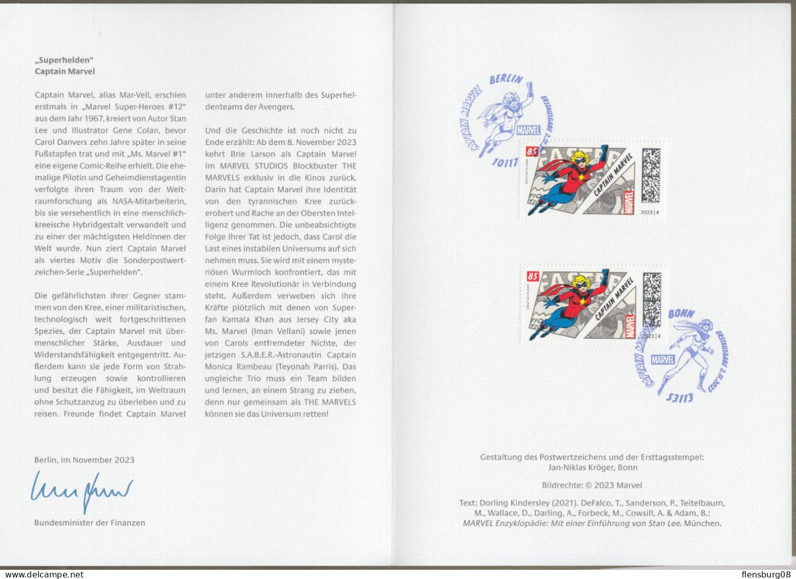 Bund: Minister Card - Ministerkarte Typ VII , Mi-Nr. 3797 ESST: " Superhelden - Captain Marvel - " - Cartas & Documentos