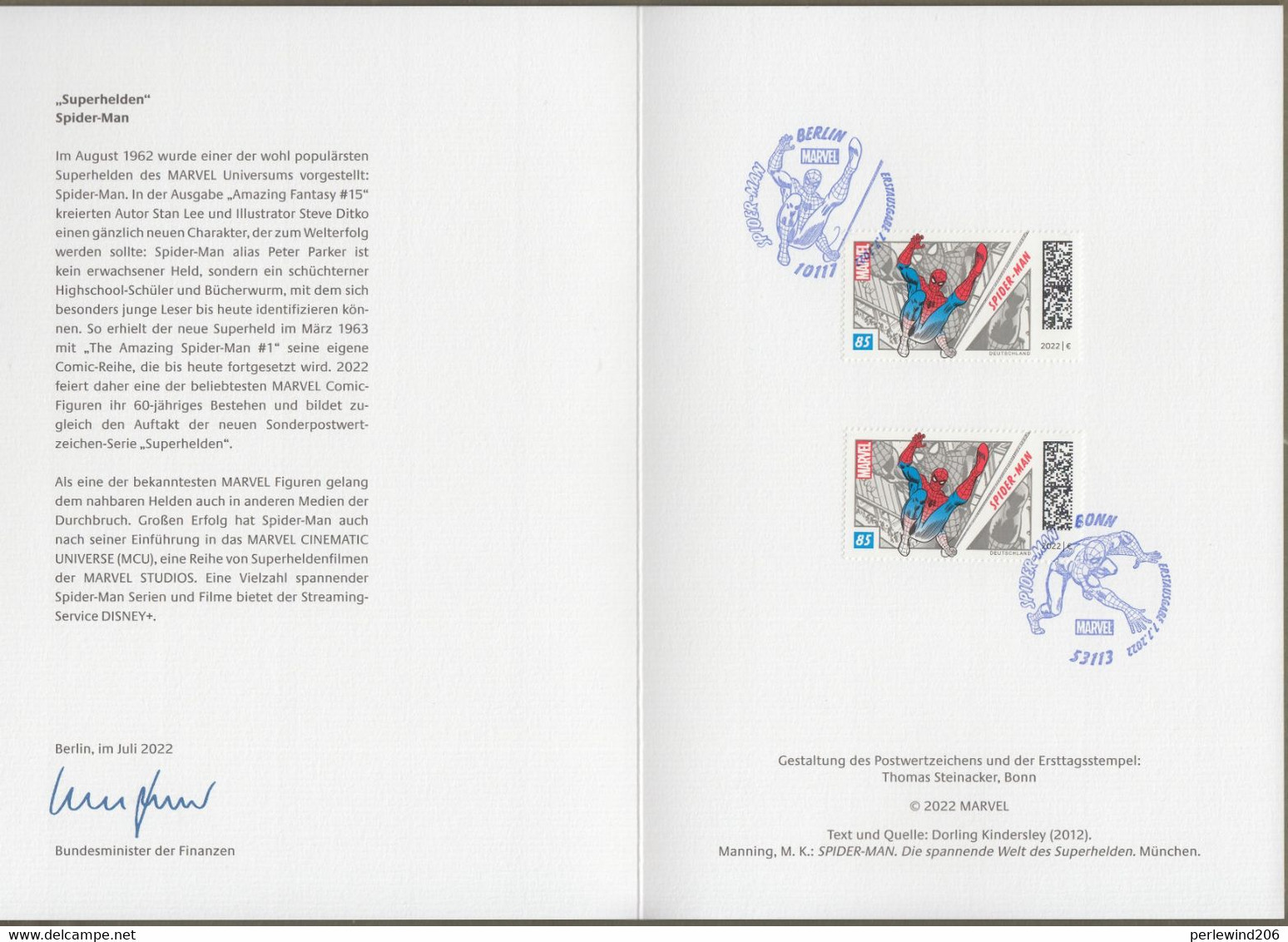 Bund: Minister Card - Ministerkarte Typ VII , Mi-Nr. 3697 ESST: " Superhelden: - Spider-Man - "   X - Lettres & Documents