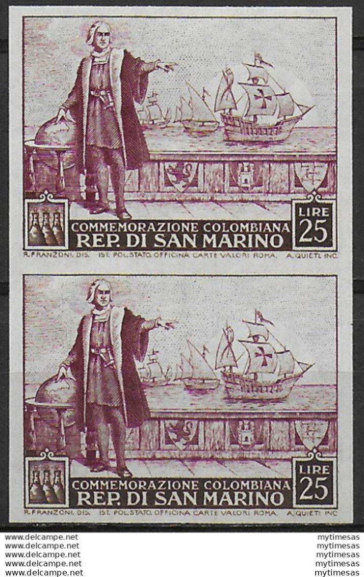 1952 San Marino Lire 25 Colombo Coppia Nd MNH Sassone N. 380c - Otros & Sin Clasificación