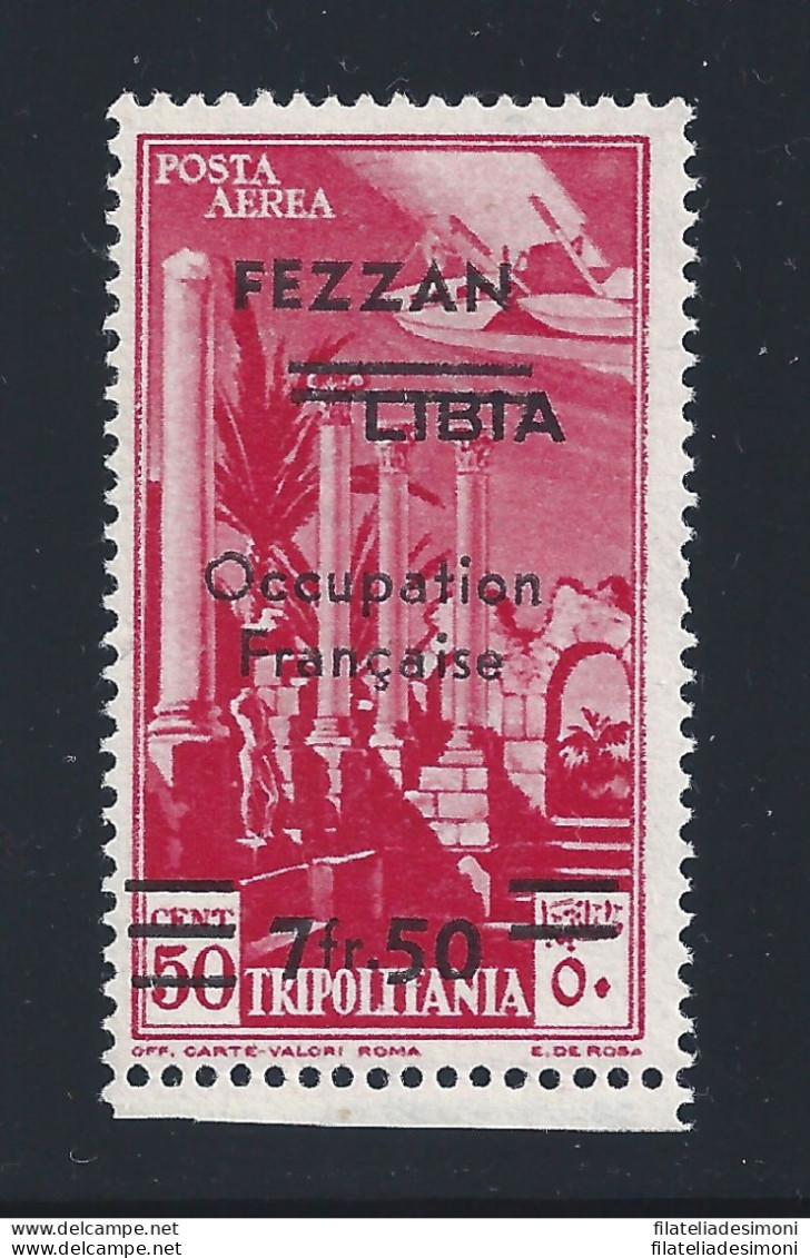 1943 FEZZAN - PA N° 2c - Pittorica 7 Fr.50 Su 50c. Carminio MLH*  Sigla A.Diena - Autres & Non Classés