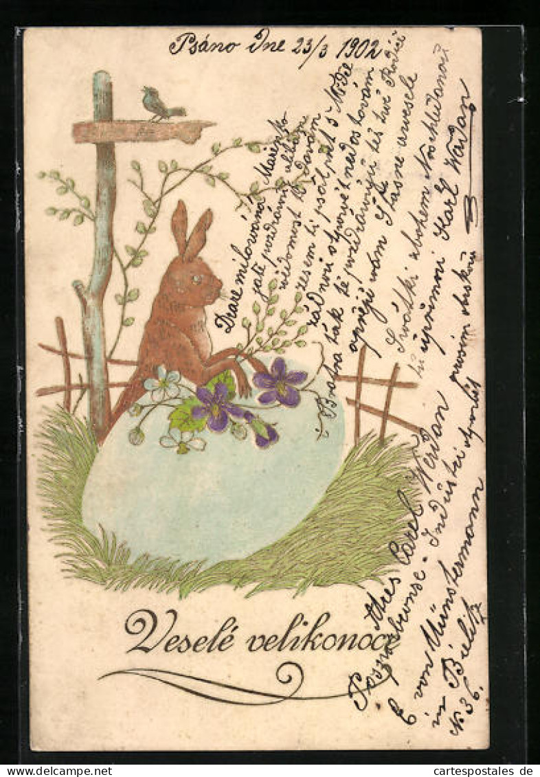 Präge-AK Osterhase An Einem Grossen Osterei, Grusskarte  - Easter