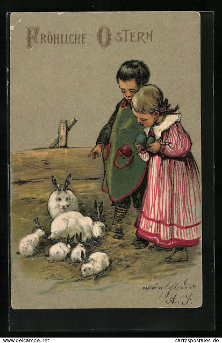 Präge-AK Zwei Kleine Kinder Und Ihre Hasen, Osterhase, Grusskarte  - Ostern