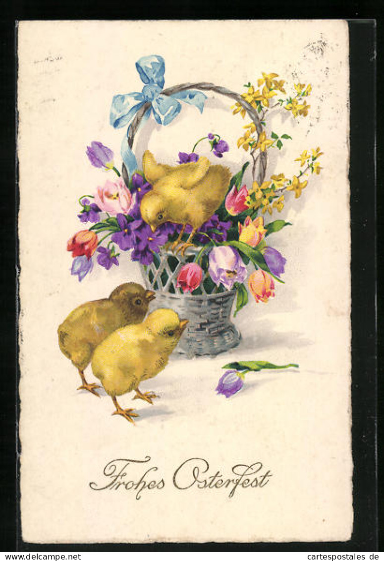 AK Küken An Einem Korb Mit Blumen, Osterküken, Grusskarte  - Easter