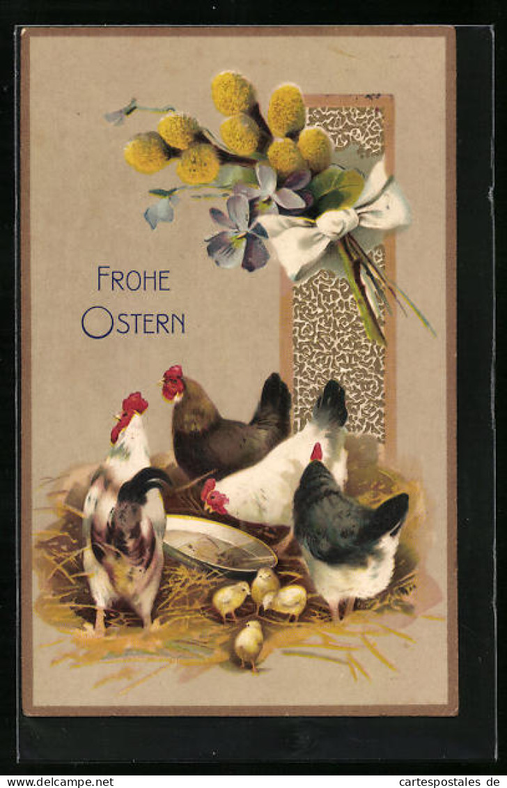 Präge-AK Hennen Mit Ihren Küken, Osterküken, Grusskarte  - Easter