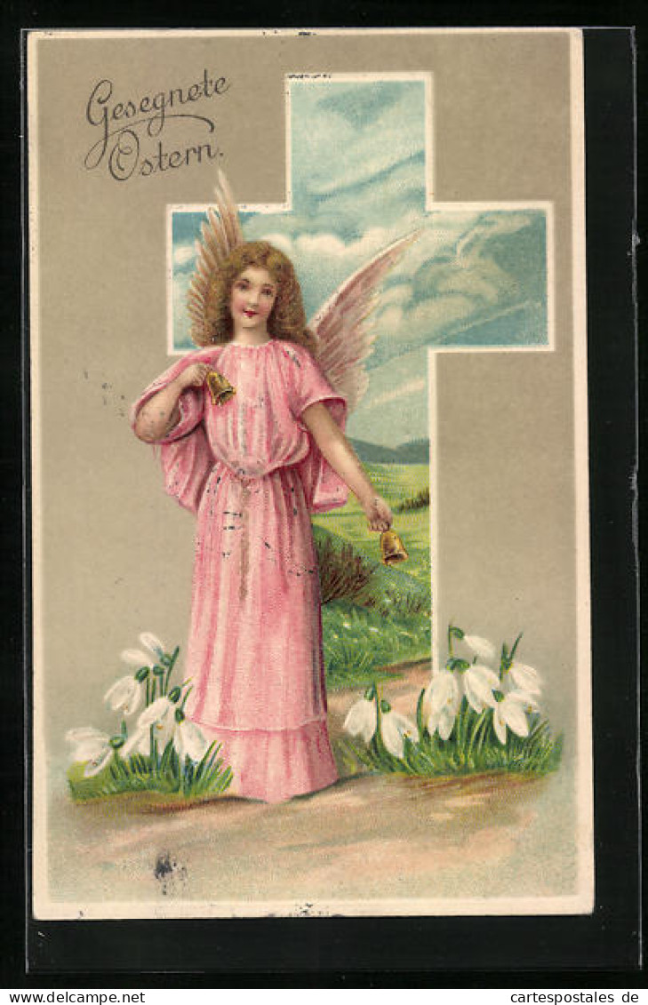 Präge-AK Osterengel In Pinkem Kleid Und Kleinen Glöckchen, Grusskarte  - Anges