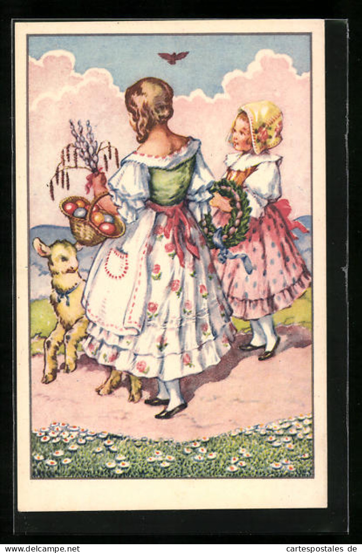AK Zwei Kleine Mädchen Mit Einem Korb Voll Mit Ostereiern, Grusskarte  - Easter
