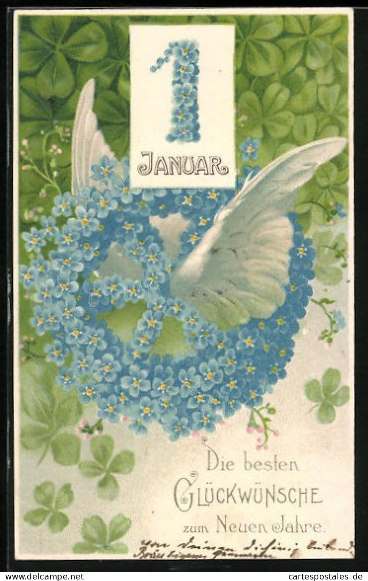 Präge-AK Kalenderblatt Erster Januar, Rad Aus Blumen Mit Flügeln Und Kleeblättern, Neujahrsgruss  - Autres & Non Classés